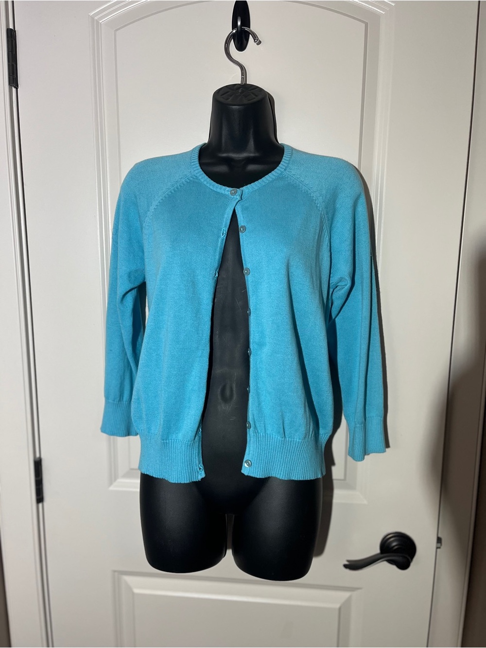 Jessica Turquoise Crewneck Button-Front Cardigan 100% Cotton